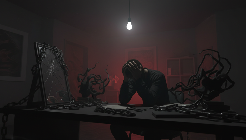 A vivid and introspective representation of self-sabotage patterns associated with Scorpio. In the foreground, a shadowy figure sits at a cluttered desk, their face obscured and hands grasping their head in frustration. Surrounding them are abstract representations of obstacles: chains, broken mirrors, and swirling shadows that symbolize internal struggles and emotional turmoil. In the middle ground, a dimly lit room with a single flickering light bulb casts elongated shadows, enhancing the feeling of isolation. In the background, muted tones of deep reds and blacks evoke a sense of intensity and complexity. The overall atmosphere is somber and reflective, prompting contemplation of the hidden challenges that Scorpio individuals face. The composition is shot from a low angle, giving the scene a weighty and dramatic perspective.