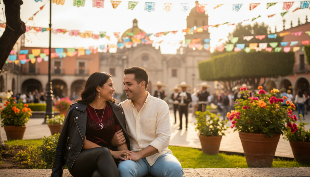 A warm and inviting scene depicting a healthy romantic relationship between a Scorpio individual and their partner in a Mexican setting. In the foreground, a couple is engaged in a friendly conversation, smiling, and showing trust. The person representing Scorpio wears a stylish outfit, featuring deep colors like red and black, symbolizing their passionate nature. In the middle ground, a vibrant traditional Mexican plaza with colorful papel picado decorations and blooming flowers creates an atmosphere of joy and celebration. In the background, soft silhouettes of historic architecture and warm sunlight filtering through trees enhance the inviting mood. The image should have a soft focus, reminiscent of portrait photography, providing an intimate yet uplifting feel, suitable for an article.