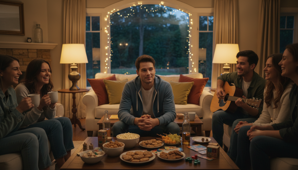 A warm and inviting scene featuring a Capricorn friend, a young adult with a thoughtful expression and modest casual clothing, enjoying a cozy gathering at a well-lit home. In the foreground, a cheerful group of diverse friends shares laughter, surrounded by snacks and drinks, with one person holding a coffee cup and another playing a guitar. The middle ground showcases a beautifully decorated living room with soft lighting, warm colors, and a large window revealing a serene garden outside. In the background, twinkling fairy lights add a touch of magic to the atmosphere. The mood is friendly and supportive, emphasizing the strong bonds of friendship and the positive influence of having a Capricorn friend in your life. Capture this moment with a natural lens perspective, focusing on the warmth and connection between the friends.