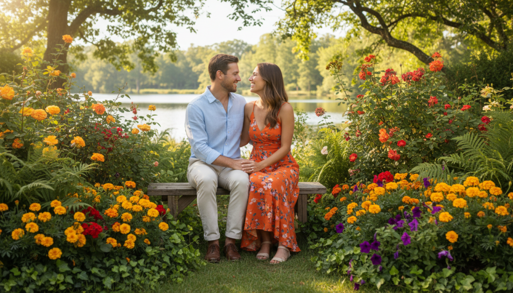 A warm and inviting scene showing a loving couple sitting closely together in a sunlit garden. In the foreground, a man and woman, both dressed in smart casual attire, share a joyful moment, laughing and gazing into each other’s eyes. Their expressions radiate happiness and connection. In the middle ground, vibrant flowers and soft greenery provide a lush backdrop, with dappled sunlight filtering through the leaves, creating an enchanting atmosphere. In the background, hints of a tranquil lake can be seen, enhancing the serene environment. The mood is uplifting and romantic, evoking a sense of growth and mutual support, embodying the strengths found in a Leo partnership. Use soft, natural lighting to emphasize warmth and intimacy, capturing a moment of true connection.