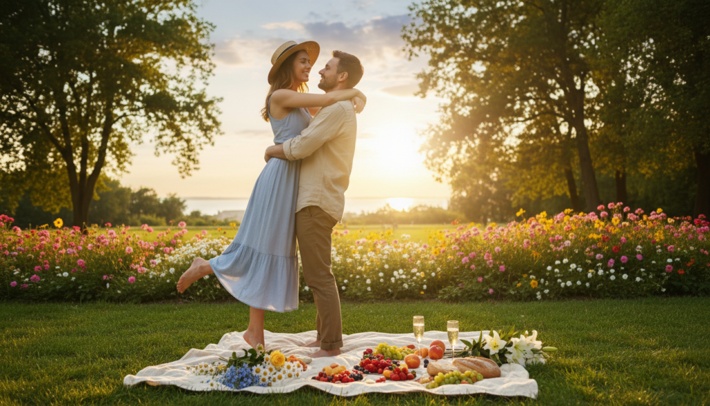 A warm and inviting scene that represents "amor," showcasing two individuals in a gentle embrace, standing in a sunlit park filled with blooming flowers. In the foreground, they are dressed in stylish yet modest casual clothing, radiating happiness and connection. The middle ground features a beautifully arranged picnic blanket adorned with fresh fruits and flowers, symbolizing new beginnings and joy. In the background, the sun sets behind softly colored trees, casting a golden glow over the scene, enhancing the romantic atmosphere. The lighting is soft and warm, creating a dreamy ambiance that invites feelings of love and renewal. The angle captures the warmth of their interaction, emphasizing the theme of returning to love in a gentle, uplifting manner.