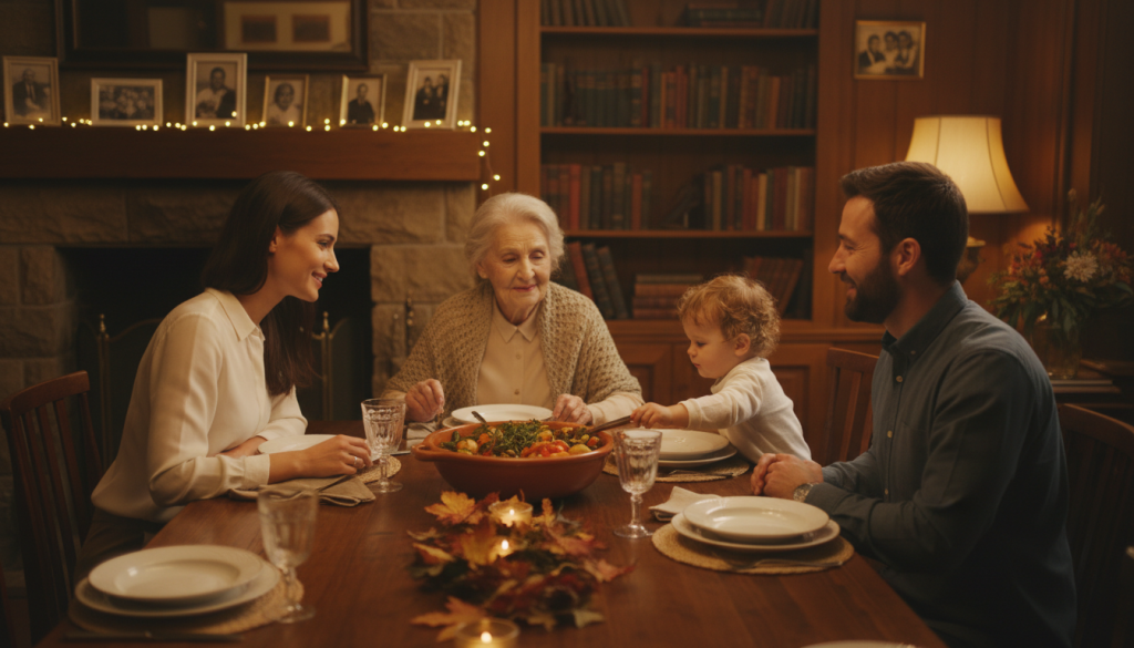 A warm, intimate scene depicting a group of close family members gathered around a dinner table, enjoying a meal together. In the foreground, a mother and father share a joyful moment, exchanging smiles while a young child reaches for a serving dish filled with food. In the middle ground, an older relative, perhaps a grandparent, watches affectionately, embodying wisdom and support. The background features soft, ambient lighting, creating a cozy atmosphere with warm wooden accents and family photos on the walls, illustrating deep connections. The lens captures a slightly elevated angle, emphasizing the sense of togetherness and affection among the loved ones. The mood is heartwarming, reflecting the intrinsic link between financial discussions and emotional bonds. A warm, intimate scene depicting a group of close family members gathered around a dinner table, enjoying a meal together. In the foreground, a mother and father share a joyful moment, exchanging smiles while a young child reaches for a serving dish filled with food. In the middle ground, an older relative, perhaps a grandparent, watches affectionately, embodying wisdom and support. The background features soft, ambient lighting, creating a cozy atmosphere with warm wooden accents and family photos on the walls, illustrating deep connections. The lens captures a slightly elevated angle, emphasizing the sense of togetherness and affection among the loved ones. The mood is heartwarming, reflecting the intrinsic link between financial discussions and emotional bonds.