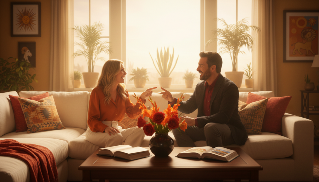 A warm, vibrant scene depicting a Leo and Aries couple in a cozy, sunlit living room, surrounded by soft golden hues representing their fire sign compatibility. In the foreground, they sit close on a plush, stylish sofa, engaged in a spirited discussion, both wearing modern yet classy outfits that radiate confidence. The middle layer features a coffee table with a few scattered books and a vibrant vase of red and orange flowers symbolizing passion. In the background, large windows allow sunlight to flood in, casting a soft glow and highlighting their expressive gestures. The overall atmosphere is lively and passionate, embodying the dynamic energy and occasional playful tension inherent in their relationship. The lighting is warm and inviting, set at eye level with a slightly blurred background for focus. A warm, vibrant scene depicting a Leo and Aries couple in a cozy, sunlit living room, surrounded by soft golden hues representing their fire sign compatibility. In the foreground, they sit close on a plush, stylish sofa, engaged in a spirited discussion, both wearing modern yet classy outfits that radiate confidence. The middle layer features a coffee table with a few scattered books and a vibrant vase of red and orange flowers symbolizing passion. In the background, large windows allow sunlight to flood in, casting a soft glow and highlighting their expressive gestures. The overall atmosphere is lively and passionate, embodying the dynamic energy and occasional playful tension inherent in their relationship. The lighting is warm and inviting, set at eye level with a slightly blurred background for focus.