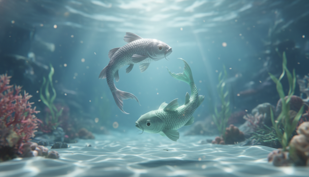 A whimsical and ethereal depiction of the Pisces zodiac sign. In the foreground, two gracefully intertwined fish, one a shimmering silver and the other a soft aquamarine, swim in a fluid, circular motion, symbolizing harmony and duality. The middle ground features rippling waves with sparkling light reflections, conveying a dreamlike underwater scene. The background is a blurred aquatic landscape, with soft, flowing coral and enchanting seaweed swaying gently, illuminated by dappled sunlight filtering through the water's surface. The atmosphere is serene and introspective, evoking a sense of depth and intuition typical of Pisces. The image is captured from a slightly above angle with a soft focus, enhancing the magical quality.