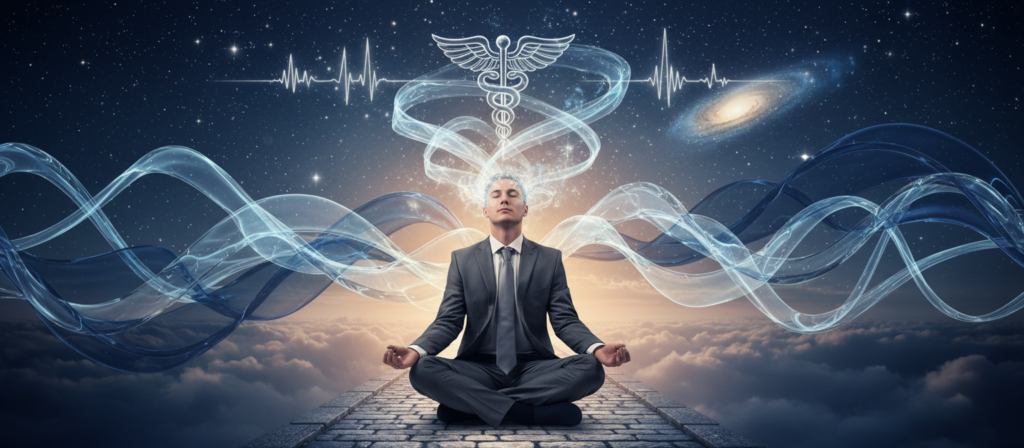 A whimsical representation of "Mercurio mente," featuring a serene, thoughtful figure with celestial elements radiating from their mind, symbolizing communication and mental clarity. In the foreground, the figure sits cross-legged on a softly illuminated path, dressed in professional business attire that conveys wisdom and openness. The middle layer blends in vibrant swirling patterns of clouds and ethereal wisps, signifying the fluidity of thoughts and ideas, while softly reflecting shades of blue and silver reminiscent of Mercury. The background consists of a twilight sky filled with stars, hinting at the vast universe of possibilities. Utilize warm, ethereal lighting to create an uplifting and contemplative atmosphere, captured from a slightly elevated angle to imply a vantage point of understanding and insight.