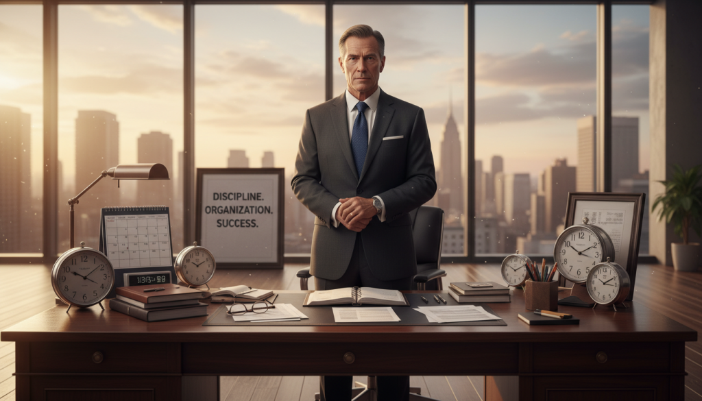 A wise Capricorn figure, embodying traits of discipline and organization, stands confidently at a large wooden desk covered with planners and clocks, symbolizing time management. The foreground features a close-up of the person in professional business attire, with a serious yet determined expression. In the middle, scattered papers and a neatly arranged calendar reflect meticulous planning. The background reveals a modern office with large windows allowing natural light to stream in, casting gentle shadows. The ambiance is motivated and balanced, highlighting the Capricorn's strengths in managing time effectively for success. Soft, warm lighting enhances the professional atmosphere, suggesting a blend of ambition and calm focus.