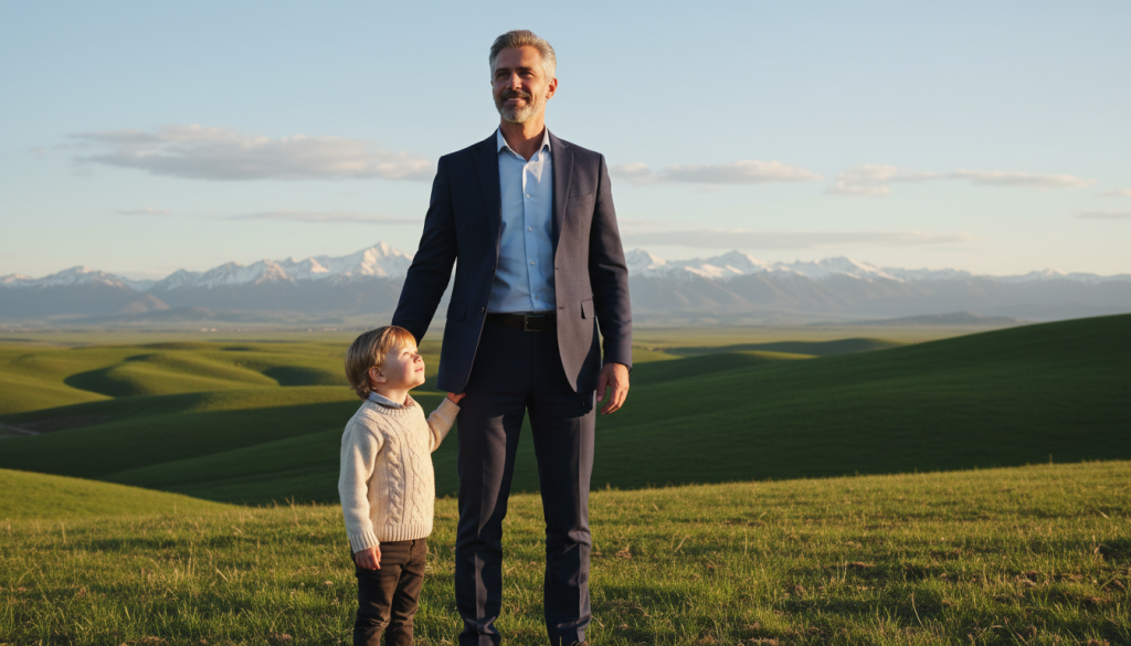 A wise and caring father figure stands confidently at the forefront, dressed in professional business attire, exuding authority and warmth. He is guiding a young child, who gazes up with admiration, highlighting the nurturing aspect of paternal authority. In the middle ground, a serene setting unfolds with soft green hills and a clear blue sky, symbolizing stability and protection. The background features a distant mountain range, representing strength and resilience. The scene is bathed in warm, golden hour lighting, casting gentle shadows and creating a tranquil atmosphere. The angle is slightly elevated, emphasizing the connection between the father and child while also conveying a sense of depth and security. The overall mood is one of empowerment, support, and conscious guidance, embodying the essence of paternal presence in a nurturing environment.