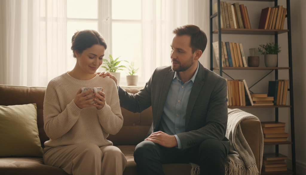 An emotional support scene illustrating the concept of "emotional support" in a serene setting. In the foreground, a modestly dressed woman with an empathetic expression is sitting on a comfortable couch, holding a cup of tea, symbolizing warmth and comfort. In the middle ground, a supportive friend seated beside her, dressed in business casual attire, gently resting a hand on her shoulder in solidarity. The background features soft lighting from a nearby window, casting a warm glow, and a bookshelf filled with self-help books, creating an inviting atmosphere. The overall mood conveys a sense of safety, trust, and understanding, with a slight focus on the connection between the two individuals, emphasizing the importance of seeking help during emotional times.