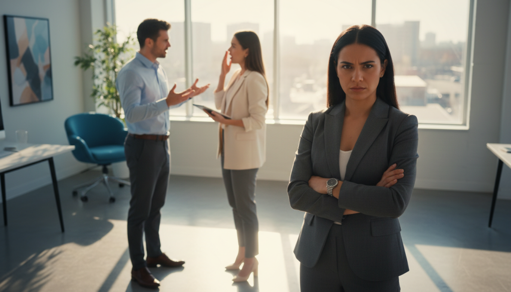 An intense scene of a Capricorn individual in modern business attire facing a small group of colleagues in a bright, airy office. The foreground depicts the Capricorn character, a determined expression on their face, arms crossed, displaying a strong and assertive stance. In the middle ground, two colleagues are engaged in a discussion, looking slightly exasperated as they argue their points, one gesturing passionately. The background shows a large window with natural light streaming in, illuminating the space, creating a contrast between the warm light and cool tones of the decor. The mood is tense yet professional, capturing the nuances of conflict in a work environment, reflecting typical triggers for Capricorn. The angle is slightly elevated, giving an overview of the interaction, highlighting the dynamics of communication.