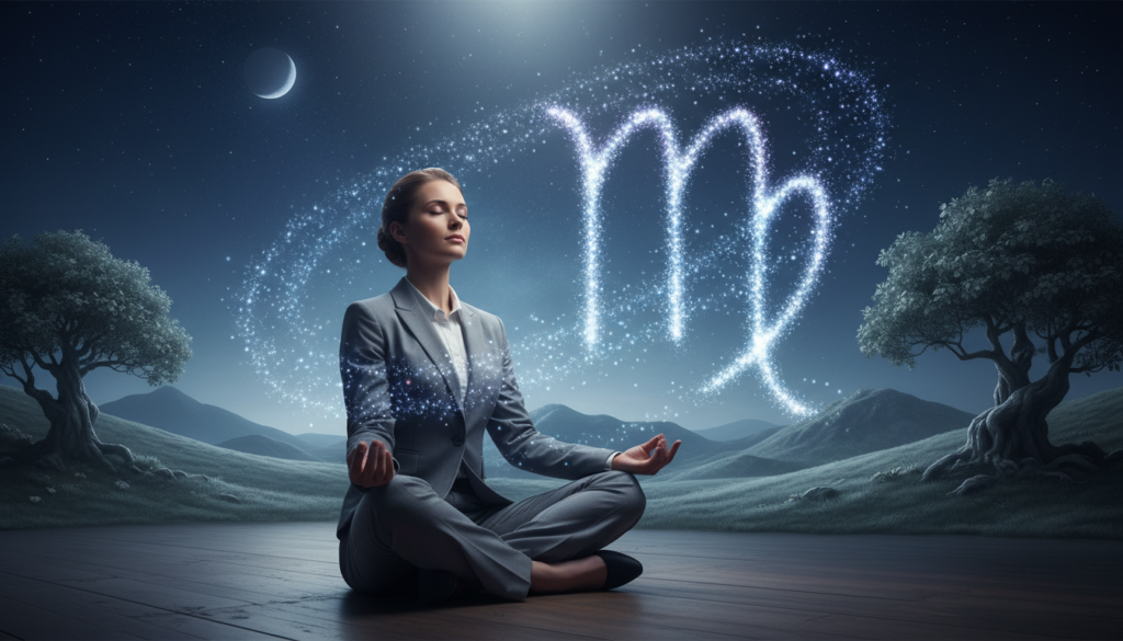 Create an image of a serene Virgo individual, embodying their quest for control and spiritual understanding. In the foreground, a person dressed in professional business attire, sitting cross-legged in a meditative pose, with a focused expression, symbolizing inner strength. Their hands rest on their knees, palms up, as if absorbing cosmic energy. In the middle ground, a swirling constellation of stars and the Virgo zodiac symbol, illuminated by soft, ethereal light, signifies the astrological influence. The background features a tranquil, otherworldly landscape with gentle hills and a clear starry sky, enhancing the mood of contemplation and spirituality. Use soft, diffuse lighting to create a peaceful atmosphere that invites introspection. Aim for a focused, slightly angled perspective to emphasize the subject's connection with the cosmos.