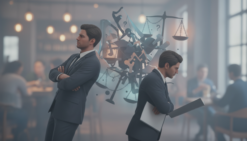 Create an image that captures the emotional dynamics of difficult interactions with Libra in various relationship types. In the foreground, depict two individuals in professional attire engaged in a serious discussion, showing tension and conflict in their body language. The middle layer should illustrate a chaotic scene representing misunderstandings and contrasting personalities, with Libra symbol elements subtly integrated, such as the scales. In the background, create a blurred setting of an office or café to represent a social atmosphere. Use soft, diffused lighting to enhance the mood of introspection and conflict. The angle should be slightly tilted to suggest instability, capturing the essence of the challenges faced in these relationships. Aim for an overall atmosphere that conveys a sense of struggle and complexity.