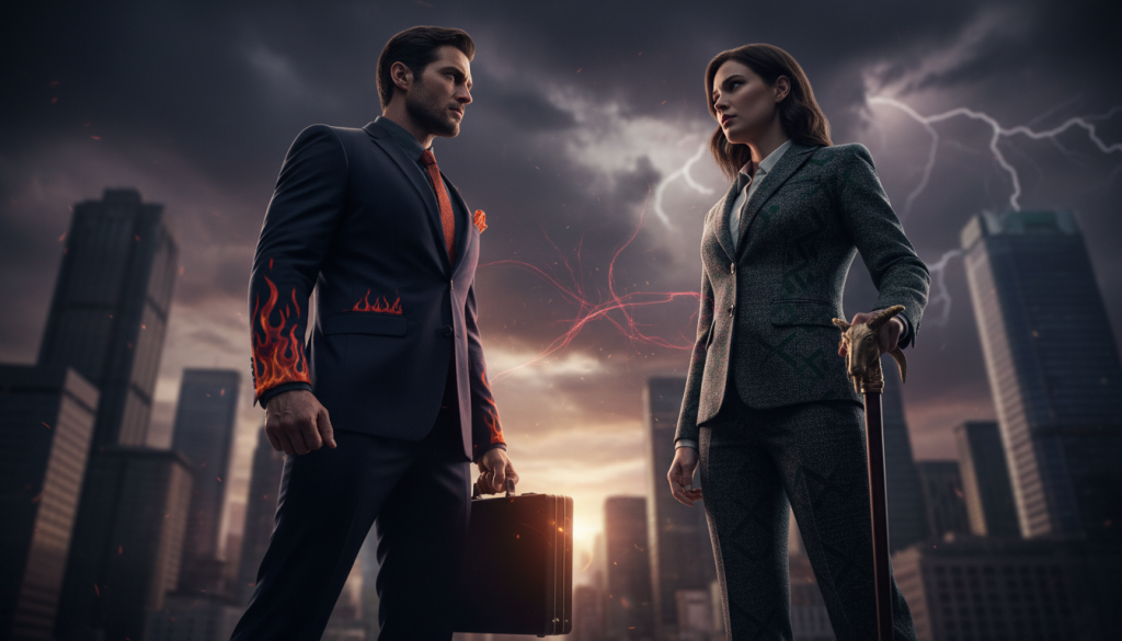 In a dramatic, visually striking scene, depict a dynamic confrontation between two figures representing the astrological signs of Aries and Capricorn. In the foreground, a confident Aries warrior, clad in a crisp, professional business suit with fiery accents, stands assertively, embodying leadership and passion, with a smoldering intensity in their eyes. Opposite them, a composed Capricorn strategist, dressed in a sophisticated outfit reflecting earthy tones, stands confidently, exuding authority and determination. The tension between them is palpable, suggesting a battle of wills. In the middle ground, a blurred city skyline provides context, while in the background, a stormy sky symbolizes their intense relationship dynamics. The lighting is dramatic, casting deep shadows, enhancing the mood of impending conflict and attraction. A low angle shot creates a sense of grandeur, emphasizing their strong presence against the turbulent backdrop.