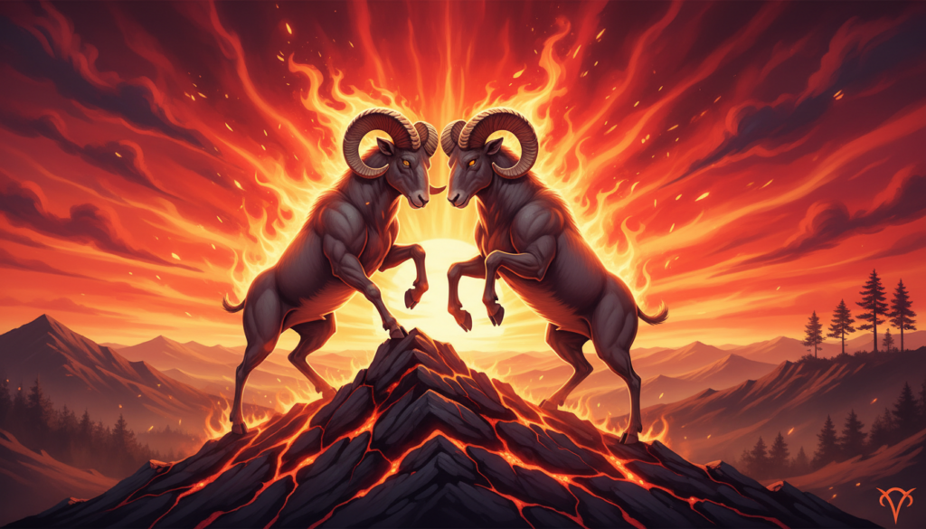 In a dynamic, fiery landscape symbolizing the dual nature of Aries, depict two bold, confident rams standing atop a rugged mountain peak, their horns entwined in a show of competition and camaraderie. The foreground features the rams, showcasing their strength and determination, with a brilliant orange and red flame-like aura surrounding them. The middle layer reveals a vibrant backdrop of a sunset sky, blending shades of deep reds, oranges, and yellows, enhancing the feeling of fierce energy. In the background, rolling hills fade into a mystical horizon, dotted with silhouettes of trees that sway gently in the warm breeze. Light should cast dramatic shadows, emphasizing the rams' powerful physiques, evoking a mood of rivalry infused with passion. The overall atmosphere is one of intensity, ambition, and the vibrant essence of fire.