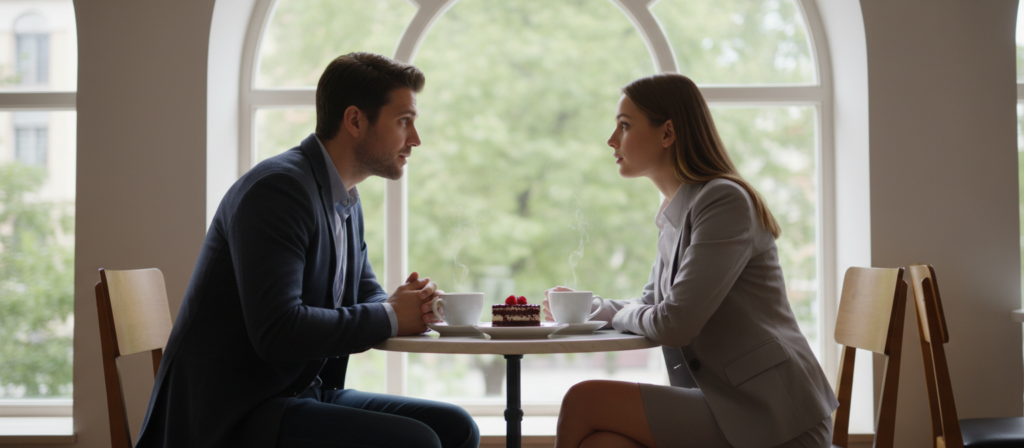 In a serene, softly lit café setting, a warm atmosphere resonates as two individuals engage in a deep, meaningful conversation, embodying a strong connection. In the foreground, depict them leaning slightly towards each other, their expressions filled with interest and understanding. The man is in a smart casual attire, while the woman is dressed elegantly in a professional outfit. In the middle, a small table holds two steaming cups of coffee and a shared dessert, symbolizing companionship and shared experiences. The background features large windows allowing natural light to flood in, with foliage gently swaying outside, creating an inviting ambiance. Capture this scene with a shallow depth of field, focusing on the subjects, evoking a mood of intimacy, warmth, and connection. In a serene, softly lit café setting, a warm atmosphere resonates as two individuals engage in a deep, meaningful conversation, embodying a strong connection. In the foreground, depict them leaning slightly towards each other, their expressions filled with interest and understanding. The man is in a smart casual attire, while the woman is dressed elegantly in a professional outfit. In the middle, a small table holds two steaming cups of coffee and a shared dessert, symbolizing companionship and shared experiences. The background features large windows allowing natural light to flood in, with foliage gently swaying outside, creating an inviting ambiance. Capture this scene with a shallow depth of field, focusing on the subjects, evoking a mood of intimacy, warmth, and connection.