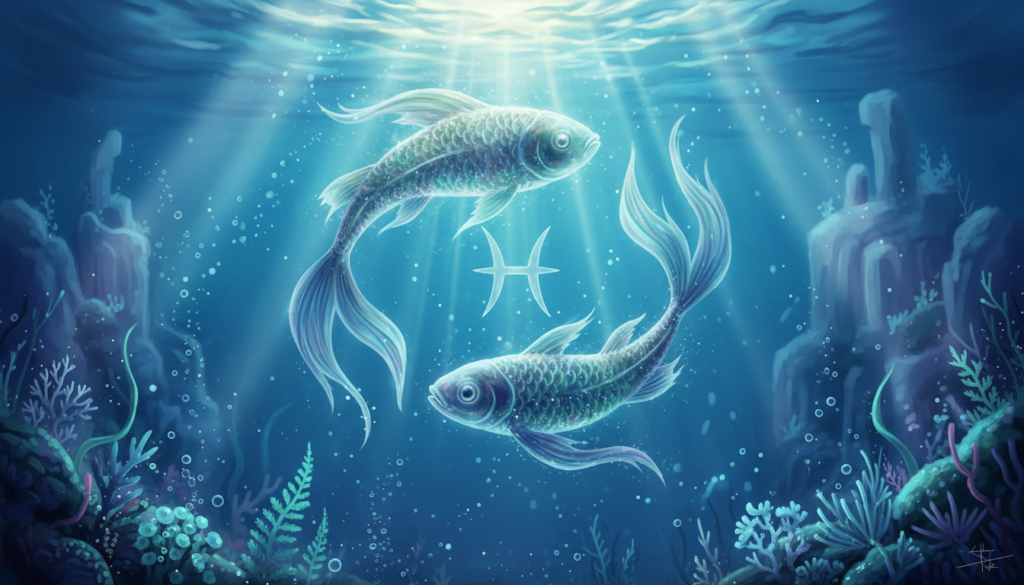 Two ethereal fish swimming gracefully in a deep blue underwater scene, symbolizing the Pisces astrological sign. The fish are intricately detailed with shimmering scales reflecting light in shades of silver and turquoise, conveying a sense of passion and spirituality. The foreground features delicate aquatic plants, adding layers of texture. In the middle ground, soft rays of sunlight penetrate the water, illuminating the fish and creating a dreamlike atmosphere filled with bubbles. In the background, a hazy underwater landscape hints at a mystical world, with abstract shapes and muted colors enhancing the enchanting mood. The overall scene embodies a sense of intimacy and creative connection, evoking the essence of two dreamers intertwined in their underwater realm.