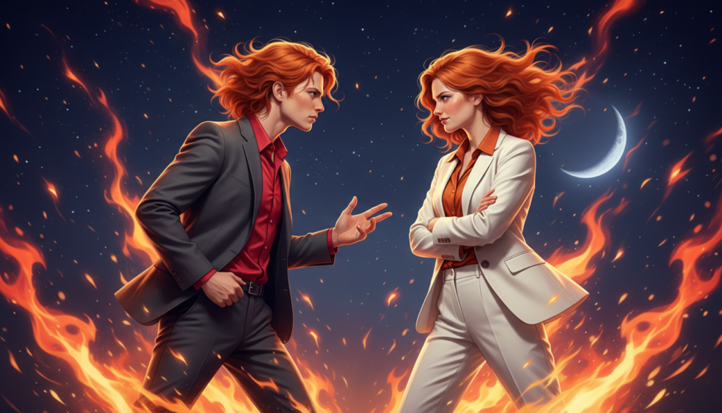Two fiery Aries individuals stand face to face in a dynamic and passionate confrontation. In the foreground, they exhibit strong body language; one is gesturing emphatically while the other has arms crossed, signaling both intensity and competition. They are dressed in modern, stylish business attire, embodying their ambitious nature. The middle layer features swirling flames and bursts of vibrant colors—reds, oranges, and yellows—symbolizing their shared energy and determination. In the background, a dramatic night sky filled with stars and a waning crescent moon casts a soft, ethereal light, enhancing the mood of tension and electric attraction. The scene captures the essence of rivalry and passion, with sharp contrasts between the warm colors and the cooler night. The overall atmosphere is charged, embodying the compelling connection between two Aries spirits.
