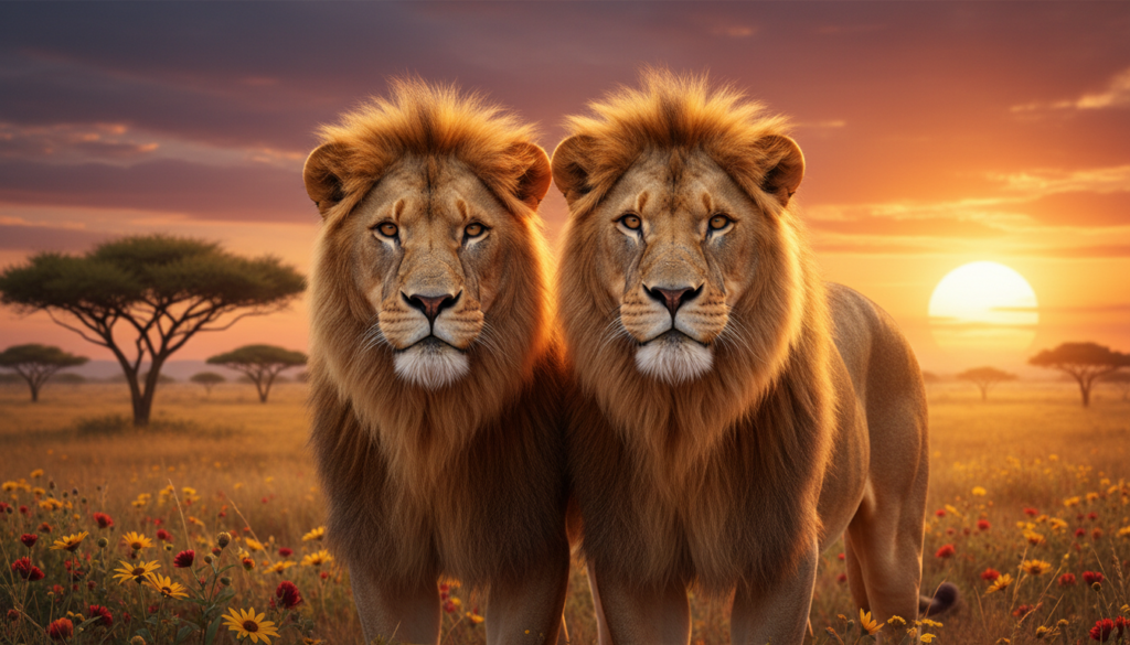 Two majestic lions, representing the astrological sign of Leo, stand confidently in a vibrant sunlit savanna, symbolizing strength and charisma. In the foreground, focus on their regal expressions, showcasing a blend of pride and unity, their manes glowing with golden sunlight. In the middle, include a lush landscape dotted with acacia trees and wildflowers, enriching the scene with a sense of connection and warmth. In the background, a radiant sunset paints the sky with warm hues of orange and purple, creating a dramatic atmosphere that embodies the themes of ego and agreement. The lighting should be soft yet powerful, illuminating the lions' features and enhancing the overall sense of destiny and compatibility. Aim for a close-up perspective to capture the intensity of their gaze while maintaining a tranquil yet vibrant ambiance.