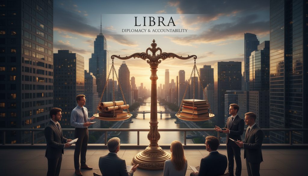 A balanced scale symbolizing Libra's diplomacy takes center stage, elegantly crafted with intricate designs representing justice and fairness. Surrounding the scale, a diverse group of individuals in professional business attire engage in a thoughtful discussion, their expressions reflecting contemplation and collaboration. In the background, a serene landscape of a city skyline at dusk, with warm golden and soft blue hues cast by the setting sun, creating a calm yet reflective atmosphere. Soft, diffused lighting highlights the figures and the scale, emphasizing the theme of accountability in the realm of conflicts. The mood is one of peace and resolution, capturing the essence of Libra’s approach to diplomacy amidst tensions. The composition is taken from a slightly elevated angle to showcase the interactions, allowing the viewer to feel part of the dialogue. A balanced scale symbolizing Libra's diplomacy takes center stage, elegantly crafted with intricate designs representing justice and fairness. Surrounding the scale, a diverse group of individuals in professional business attire engage in a thoughtful discussion, their expressions reflecting contemplation and collaboration. In the background, a serene landscape of a city skyline at dusk, with warm golden and soft blue hues cast by the setting sun, creating a calm yet reflective atmosphere. Soft, diffused lighting highlights the figures and the scale, emphasizing the theme of accountability in the realm of conflicts. The mood is one of peace and resolution, capturing the essence of Libra’s approach to diplomacy amidst tensions. The composition is taken from a slightly elevated angle to showcase the interactions, allowing the viewer to feel part of the dialogue.
