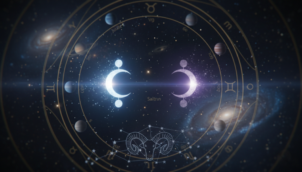 A beautifully arranged astrological chart showcasing the lunar nodes, with the North Node depicted as a bright, glowing symbol representing future potential, and the South Node illustrated as a softer, shadowy symbol reflecting past experiences. In the foreground, subtle constellations related to Aries are woven into the design, adding depth and context. The middle ground features celestial elements like stars and planets, softly illuminated against a dark, cosmic background. Use a soft-focus lens to create a mystical atmosphere, with ethereal lighting that highlights the nodes' alignment. The mood should evoke a sense of introspective exploration and cosmic guidance, perfect for the theme of astrological revelations.