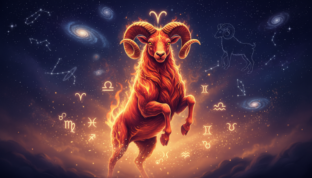 A beautifully illustrated representation of the Aries zodiac sign, featuring a majestic ram as its central figure, symbolizing strength and determination. The ram is depicted in a dynamic pose, with vibrant, fiery colors that reflect the passionate essence of Aries. In the foreground, delicate astrological symbols float around the ram, hinting at the influence of celestial bodies on personality traits. The middle layer includes a soft, ethereal glow that envelops the ram, enhancing the mystical atmosphere. In the background, a starry night sky with shimmering constellations hints at the cosmos, providing a backdrop that connects the viewer to the universe. The lighting is warm and inviting, creating an uplifting mood that speaks to individuality and strength. The image captures the essence of astrology as it relates to our characters.