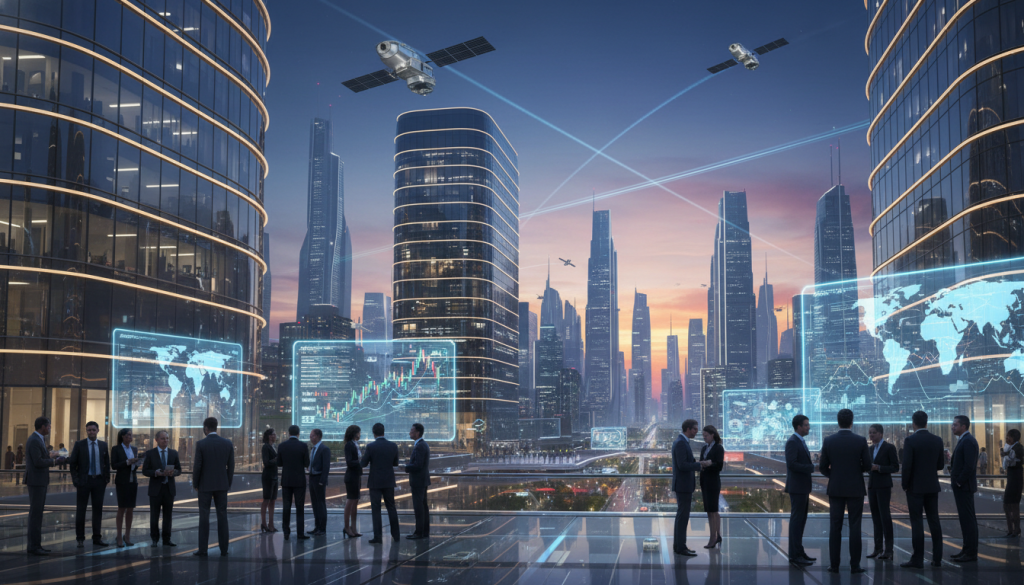 A bustling cityscape at twilight, with a focus on modern commercial buildings illuminated by soft, glowing lights. In the foreground, diverse professionals in smart business attire are engaged in discussions, exchanging ideas while examining digital screens displaying charts and graphs. The middle ground features sleek satellites orbiting above, symbolizing emerging opportunities in technology and commerce. The background showcases the silhouette of a vibrant skyline with skyscrapers against a gradient of deep blue and orange hues in the sky. The scene conveys a mood of innovation and collaboration, emphasizing the potential growth in the business sector. Utilize a wide-angle lens to capture the dynamic atmosphere, highlighting the interconnectedness of commerce and technology in the future. A bustling cityscape at twilight, with a focus on modern commercial buildings illuminated by soft, glowing lights. In the foreground, diverse professionals in smart business attire are engaged in discussions, exchanging ideas while examining digital screens displaying charts and graphs. The middle ground features sleek satellites orbiting above, symbolizing emerging opportunities in technology and commerce. The background showcases the silhouette of a vibrant skyline with skyscrapers against a gradient of deep blue and orange hues in the sky. The scene conveys a mood of innovation and collaboration, emphasizing the potential growth in the business sector. Utilize a wide-angle lens to capture the dynamic atmosphere, highlighting the interconnectedness of commerce and technology in the future.