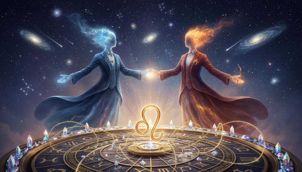 A celestial scene illustrating astrological compatibility between two star signs, with Leo's symbol prominently featured. In the foreground, a beautifully adorned zodiac wheel with astrological symbols delicately intertwined, reflecting harmony and connection. In the middle ground, two abstract figures, representing different zodiac signs, are gently reaching towards each other with open arms, dressed in elegant, professional attire. The background is a starry night sky filled with twinkling stars and constellations, adding depth and mystery. Soft, ethereal lighting casts a warm glow, creating an inviting atmosphere that symbolizes love and understanding amidst challenges. The overall mood is serene and uplifting, portraying the complexities of relationships in a cosmic context.