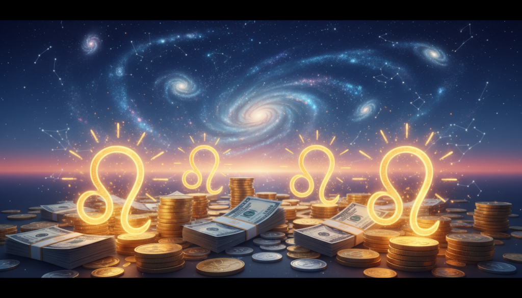 A celestial-themed representation of astrological financial synergies, featuring a vibrant blend of zodiac symbols intertwined with currency motifs. In the foreground, golden Leo symbols radiate warmth and prosperity, surrounded by elegant piles of coins and shimmering banknotes, reflecting wealth and abundance. The middle layer showcases a cosmic landscape filled with stars and galaxies, illuminating the scene and suggesting a connection between the universe and financial success. In the background, a soft gradient of twilight hues, transitioning from deep blue to warm orange, evokes a sense of optimism and stability. The lighting is ethereal, casting a gentle glow on the elements, accentuating their richness. The mood is one of aspiration, creativity, and harmony, inviting viewers to explore the powerful intersection of astrology and finances.