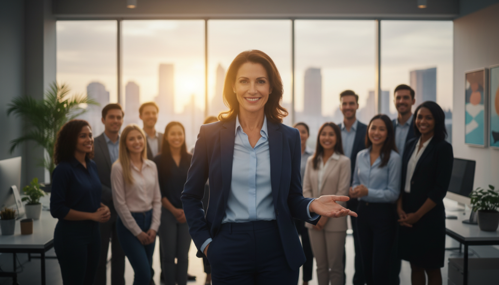A charismatic leader stands confidently at the forefront, embodying natural authority and influence. They are dressed in professional business attire, exuding both power and approachability. In the middle ground, a diverse group of followers looks on, captivated and engaged, reflecting admiration and trust. The background features a modern office environment with large windows allowing soft, natural light to filter in, creating a warm and inviting atmosphere. Use a soft focus lens effect to draw attention to the leader, while subtly blurring the background, enhancing the feeling of connection and influence. The overall mood is inspiring and positive, highlighting the theme of leadership and the personal impact it has on others.
