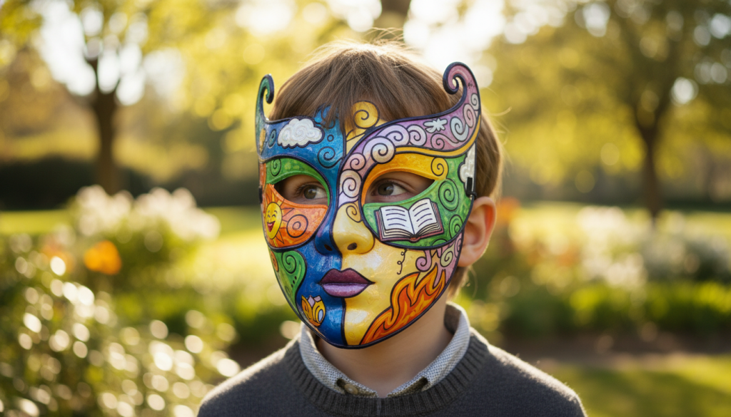A close-up of a child's face wearing a whimsical, colorful mask that symbolizes the emotions of childhood. The mask is intricately designed with vibrant patterns, reflecting innocence and imagination, set against a softly blurred, dreamy background of a sunny park with gentle bokeh effects. The child, dressed in a smart casual outfit, gazes thoughtfully, embodying a mix of curiosity and contemplation. Natural sunlight filters through tree leaves, casting playful shadows across the child’s face, enhancing the serene atmosphere. The angle is slightly from below, creating a sense of wonder and depth. The overall mood is reflective and enchanting, capturing the essence of how early experiences shape one’s adult life through the metaphor of the mask.