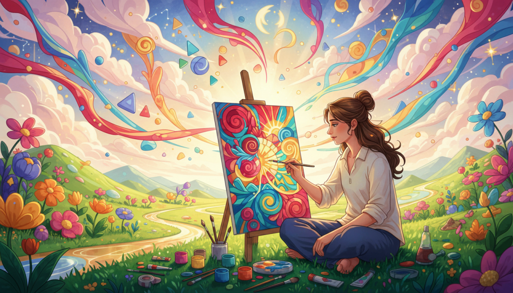 A colorful and whimsical depiction of "mundo," with vibrant geometric shapes and swirling patterns symbolizing creativity and emotional intensity. In the foreground, a serene artist sits cross-legged, surrounded by paints and brushes, wearing modest casual clothing, deeply focused on a beautiful canvas filled with abstract art. In the middle ground, an enchanting landscape rolls out with lush hills, blooming flowers, and flowing rivers, radiating warmth and creative energy. The background features a dreamy sky with soft, floating clouds, enhancing the atmosphere of inspiration. The scene is illuminated by soft, golden sunlight, casting gentle shadows and creating a tranquil yet dynamic mood, evocative of emotional depth and artistic expression. The angle is slightly elevated, giving a comprehensive view of this creative escape. A colorful and whimsical depiction of "mundo," with vibrant geometric shapes and swirling patterns symbolizing creativity and emotional intensity. In the foreground, a serene artist sits cross-legged, surrounded by paints and brushes, wearing modest casual clothing, deeply focused on a beautiful canvas filled with abstract art. In the middle ground, an enchanting landscape rolls out with lush hills, blooming flowers, and flowing rivers, radiating warmth and creative energy. The background features a dreamy sky with soft, floating clouds, enhancing the atmosphere of inspiration. The scene is illuminated by soft, golden sunlight, casting gentle shadows and creating a tranquil yet dynamic mood, evocative of emotional depth and artistic expression. The angle is slightly elevated, giving a comprehensive view of this creative escape.