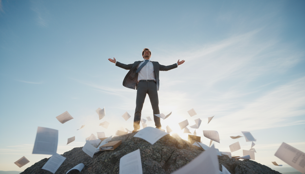 A confident business professional standing triumphantly on a mountain peak, arms raised in celebration. In the foreground, the individual wears a tailored suit and appears to radiate self-assurance, symbolizing excess confidence. In the middle ground, scattered piles of paperwork flutter in the wind, representing the lack of solid facts and grounding. The background features a breathtaking blue sky with a few wispy clouds, illuminated by golden sunlight emanating from the horizon. The perspective is slightly low-angle, which amplifies the sense of achievement and confidence. The atmosphere conveys a mix of triumph and precariousness, highlighting the theme of excess confidence without a foundation in reality. Soft shadows create depth, enhancing the dramatic interplay of light and an expression of unchecked assurance.