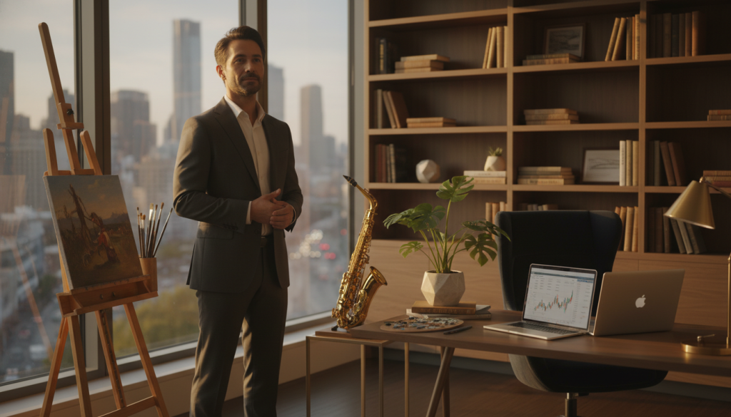 A confident individual in professional attire stands in a sunlit office, surrounded by artistic tools representing their innate talents, such as a paintbrush, musical instrument, and a laptop open with financial graphs. The foreground features the person deep in thought, gazing out a large window, with light streaming in, casting warm shadows across their face. In the middle ground, a stylish desk with a potted plant and books reflects a balance of creativity and intellect. The background showcases a bustling cityscape outside, emphasizing ambition and opportunity. The mood is inspirational, highlighting the harmony between natural talent and financial success, with a soft focus on the surroundings to create an inviting atmosphere. A confident individual in professional attire stands in a sunlit office, surrounded by artistic tools representing their innate talents, such as a paintbrush, musical instrument, and a laptop open with financial graphs. The foreground features the person deep in thought, gazing out a large window, with light streaming in, casting warm shadows across their face. In the middle ground, a stylish desk with a potted plant and books reflects a balance of creativity and intellect. The background showcases a bustling cityscape outside, emphasizing ambition and opportunity. The mood is inspirational, highlighting the harmony between natural talent and financial success, with a soft focus on the surroundings to create an inviting atmosphere.