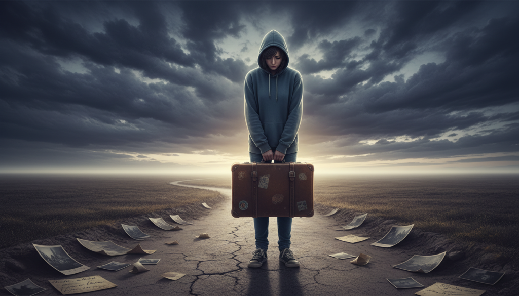 A contemplative figure, dressed in modest casual clothing, stands at the forefront, their expression reflecting the weight of unresolved emotions. They hold a vintage suitcase, symbolizing the burdens of the past. The middle ground features a winding, deserted path lined with faded memories, such as old photographs and letters scattered on the ground, representing unhealed wounds. In the background, a dramatic, twilight sky with swirling clouds casts a moody atmosphere, blending shades of purple and gray, suggesting a transition from despair to hope. Soft, diffused light highlights the figure against the dusky surroundings, creating a poignant ambiance that emphasizes the theme of carrying past burdens. The composition captures a sense of reflection and the internal struggle between holding onto the past and the possibility of moving forward. A contemplative figure, dressed in modest casual clothing, stands at the forefront, their expression reflecting the weight of unresolved emotions. They hold a vintage suitcase, symbolizing the burdens of the past. The middle ground features a winding, deserted path lined with faded memories, such as old photographs and letters scattered on the ground, representing unhealed wounds. In the background, a dramatic, twilight sky with swirling clouds casts a moody atmosphere, blending shades of purple and gray, suggesting a transition from despair to hope. Soft, diffused light highlights the figure against the dusky surroundings, creating a poignant ambiance that emphasizes the theme of carrying past burdens. The composition captures a sense of reflection and the internal struggle between holding onto the past and the possibility of moving forward.