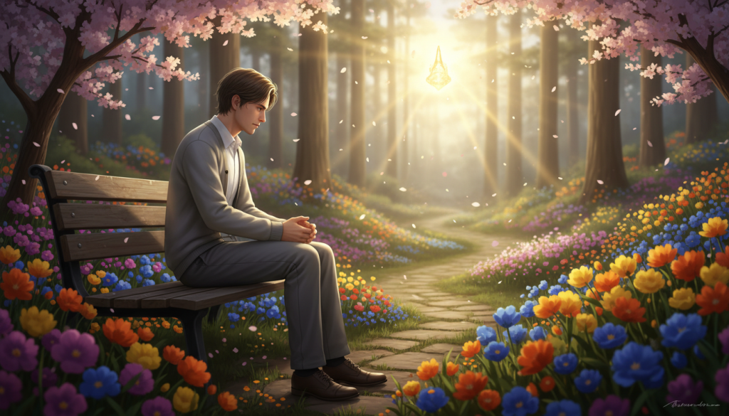A contemplative figure seated in a serene environment, exuding a sense of envy as they gaze at a shimmering, unattainable goal in the distance. In the foreground, the character wears modest, professional attire, reflecting a mix of introspection and yearning. The middle ground features a lush garden with vibrant flowers, representing growth and transformation, while a gentle breeze rustles their leaves. In the background, soft, ethereal light filters through trees, casting a warm glow that creates an uplifting atmosphere. The scene is captured with a focal length of 35mm to maintain clarity and depth, emphasizing the delicate emotions of both envy and aspiration, evoking feelings of healing and spiritual elevation. A contemplative figure seated in a serene environment, exuding a sense of envy as they gaze at a shimmering, unattainable goal in the distance. In the foreground, the character wears modest, professional attire, reflecting a mix of introspection and yearning. The middle ground features a lush garden with vibrant flowers, representing growth and transformation, while a gentle breeze rustles their leaves. In the background, soft, ethereal light filters through trees, casting a warm glow that creates an uplifting atmosphere. The scene is captured with a focal length of 35mm to maintain clarity and depth, emphasizing the delicate emotions of both envy and aspiration, evoking feelings of healing and spiritual elevation.