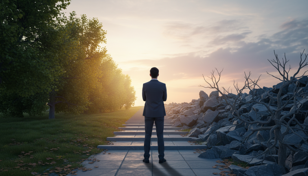 A contemplative scene depicting a person standing at a crossroads, symbolizing "búsqueda" or the quest for understanding and security. In the foreground, a thoughtfully dressed individual in professional attire gazes into the distance, embodying introspection and uncertainty. The middle ground features a split path, one side representing security with bright greenery and warm lighting, and the other side; shaded and rocky, symbolizing challenges and insecurity. The background reveals a serene horizon with subtle clouds, reflecting a sense of calm amidst internal conflict. The overall mood is one of deep reflection and emotional complexity, with soft natural lighting casting gentle shadows to enhance the atmosphere of contemplation. The angle is slightly low, giving a sense of importance to the person's choice in this metaphorical search for fidelity. A contemplative scene depicting a person standing at a crossroads, symbolizing "búsqueda" or the quest for understanding and security. In the foreground, a thoughtfully dressed individual in professional attire gazes into the distance, embodying introspection and uncertainty. The middle ground features a split path, one side representing security with bright greenery and warm lighting, and the other side; shaded and rocky, symbolizing challenges and insecurity. The background reveals a serene horizon with subtle clouds, reflecting a sense of calm amidst internal conflict. The overall mood is one of deep reflection and emotional complexity, with soft natural lighting casting gentle shadows to enhance the atmosphere of contemplation. The angle is slightly low, giving a sense of importance to the person's choice in this metaphorical search for fidelity.