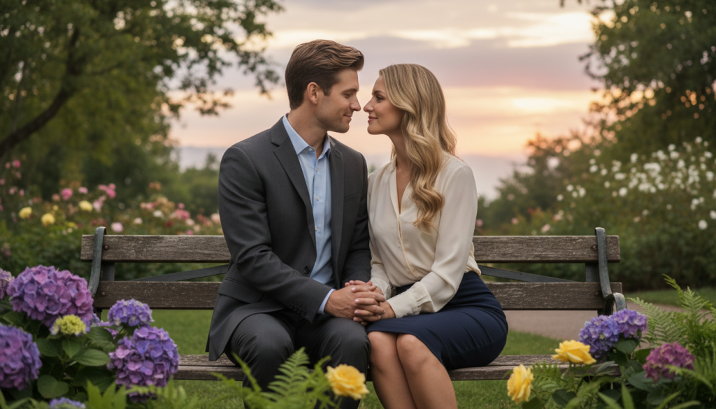 A couple portrayed in a serene, intimate moment, sitting on a park bench. The foreground features a man and woman, both in professional business attire, sharing a quiet conversation, their expressions conveying understanding and support. The middle ground shows lush green trees and blooming flowers, symbolizing growth and harmony. In the background, a softly blurred sunset casts warm golden and pink hues, creating a calming atmosphere. Soft, ambient lighting enhances the emotional connection between the couple, while a shallow depth of field draws focus on their interaction. The overall mood is one of trust and security, reflecting a healthy relationship.