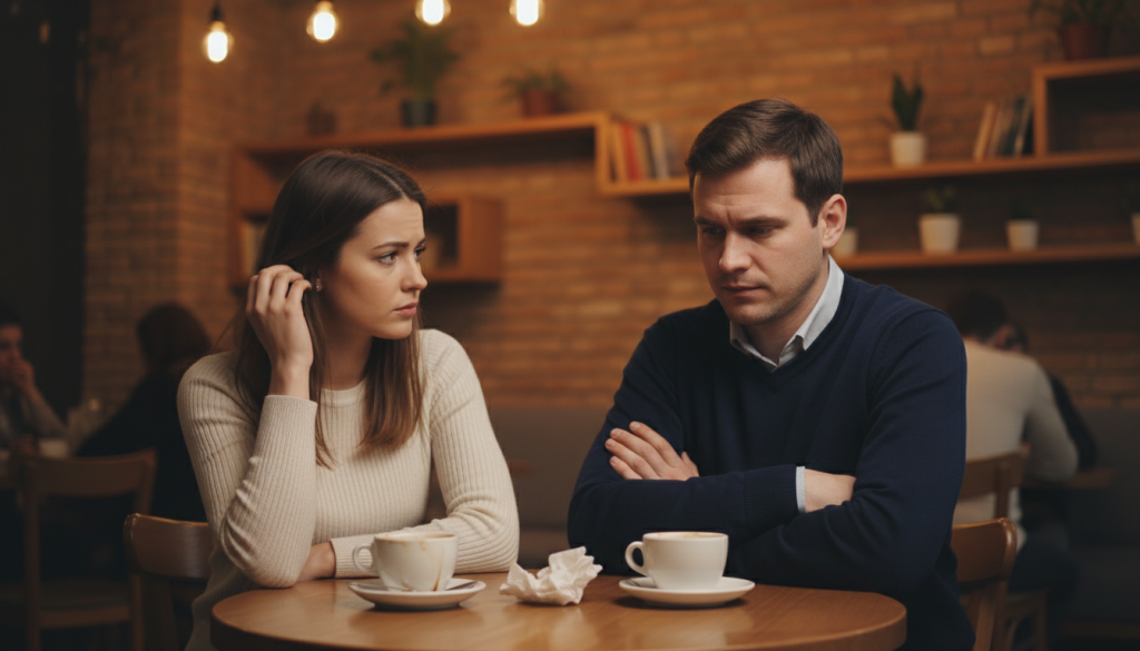 A couple sitting at a small table in a cozy, softly lit café, showing subtle signs of tension. The foreground features two coffee cups, one slightly tipped as if carelessly placed, hinting at underlying issues. In the middle ground, the couple, a man and a woman, dressed in smart casual attire, sit across from each other with thoughtful expressions, avoiding eye contact. The man subtly crosses his arms while the woman nervously fidgets with her hair, conveying a sense of unease. In the background, warm tones suggest a comfortable ambiance, but dim lighting casts a slightly somber mood. The camera angle is slightly above the table, capturing the emotional distance between the two, with a bokeh effect on the café scene to emphasize their disconnect.