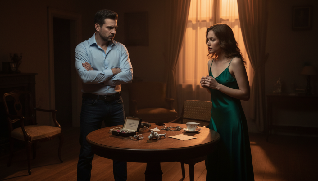 A couple stands in a cozy, dimly lit room, with tension palpable in the air. The man, wearing a crisp button-up shirt and jeans, dominates the foreground, his expression stern and controlling as he stares intently at the woman beside him. She, dressed in a simple but elegant dress, looks conflicted and hesitant, her body slightly turned away, suggesting discomfort. In the middle ground, a small table is scattered with personal items, hinting at underlying emotions of manipulation and insecurity. The background features subtle shadows, enhancing the mood of unease and toxicity in the relationship. The lighting is warm but casts harsh shadows, emphasizing the couple's expressions and the emotional weight of their interaction. The overall atmosphere evokes a sense of conflict and the struggle for freedom in a controlling environment. A couple stands in a cozy, dimly lit room, with tension palpable in the air. The man, wearing a crisp button-up shirt and jeans, dominates the foreground, his expression stern and controlling as he stares intently at the woman beside him. She, dressed in a simple but elegant dress, looks conflicted and hesitant, her body slightly turned away, suggesting discomfort. In the middle ground, a small table is scattered with personal items, hinting at underlying emotions of manipulation and insecurity. The background features subtle shadows, enhancing the mood of unease and toxicity in the relationship. The lighting is warm but casts harsh shadows, emphasizing the couple's expressions and the emotional weight of their interaction. The overall atmosphere evokes a sense of conflict and the struggle for freedom in a controlling environment.