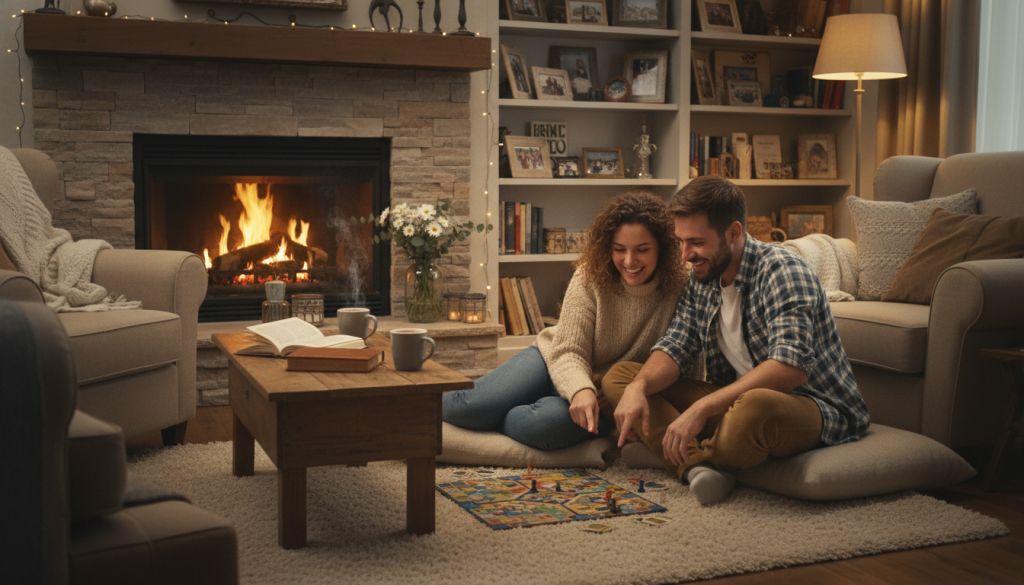 A cozy indoor scene depicting a romantic couple in their living room, engaging in a playful activity that radiates warmth and affection. The foreground features a softly glowing fireplace surrounded by comfortable seating, where the couple, dressed in modest casual clothing, share laughter and a loving gaze. In the middle ground, a coffee table is adorned with an open book, a couple of mugs, and a small vase with fresh flowers, symbolizing shared moments. In the background, soft, ambient lighting creates a gentle, inviting atmosphere, with shelves filled with personal mementos and warm lighting illuminating the space. The overall mood is intimate and heartwarming, emphasizing emotional connection and the importance of nurturing love in a relationship.