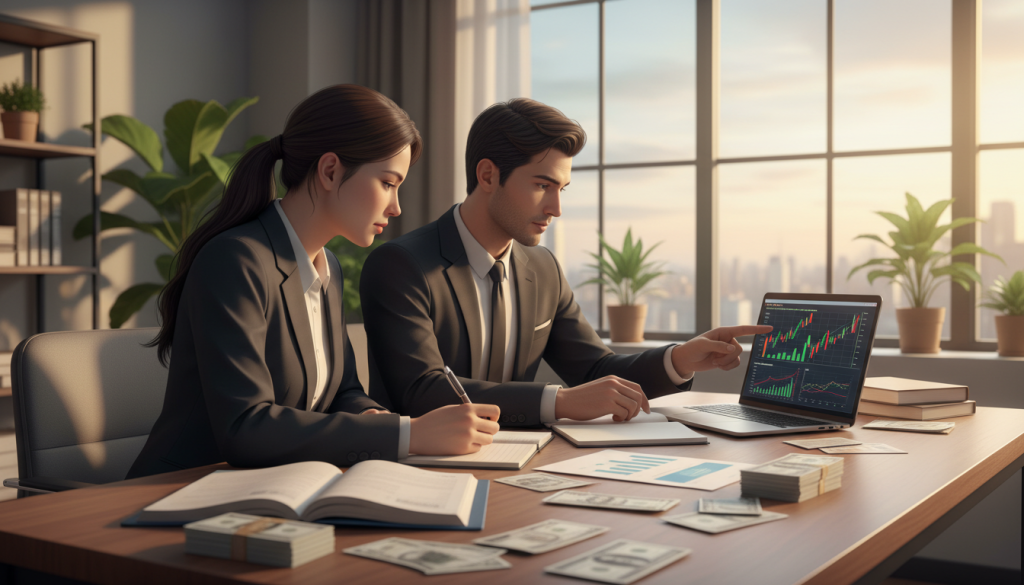A cozy, modern office setting with a wooden desk in the foreground, featuring stacks of cash and financial documents. A couple, one man and one woman, dressed in professional business attire, actively discussing a financial plan. The man, with short dark hair, is pointing at a laptop displaying financial charts. The woman, with long dark hair tied back, is taking notes. In the background, a large window allows warm, golden daylight to flood into the room, creating a welcoming atmosphere. Soft shadows cast by potted plants add depth to the scene. The overall mood is collaborative and focused, reflecting the dynamic of financial compatibility in a relationship, with a strong emphasis on communication and teamwork.