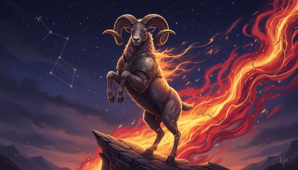 A detailed representation of the Aries zodiac sign, featuring a bold ram with large, curled horns in a dynamic pose. In the foreground, the ram should appear powerful and majestic, symbolizing strength and determination. The middle ground showcases a gradient of fiery colors—red, orange, and gold—flowing seamlessly to evoke the passion and intensity associated with Aries. In the background, a soft, starry night sky subtly reveals constellations, hinting at the celestial roots of the zodiac. The lighting is warm and dramatic, casting shadows that highlight the ram’s muscular features and creating an atmosphere of resilience and emotional depth. The overall mood should reflect both the challenges of emotional trauma and the potential for profound healing, without any textual elements.