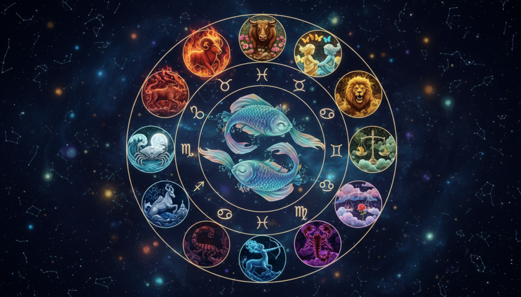 A detailed visual representation of the zodiac signs interacting in a harmonious way, showcasing Pisces at the center surrounded by the other eleven zodiac signs—Aries, Taurus, Gemini, Cancer, Leo, Virgo, Libra, Scorpio, Sagittarius, Capricorn, and Aquarius. Each sign is illustrated with its corresponding symbol and elements, depicted in vibrant colors, to signify their unique traits. The foreground features Pisces, symbolized by two fish, looking contemplative and empathetic. In the middle ground, the other signs present with distinct gestures that highlight their characteristics, such as fiery confidence for Aries or analytical focus for Virgo. The background includes a starry night sky, creating a mystical atmosphere with soft glowing lights illuminating the arrangement. Warm, inviting lighting casts gentle shadows, enhancing the serene yet reflective mood of the composition.