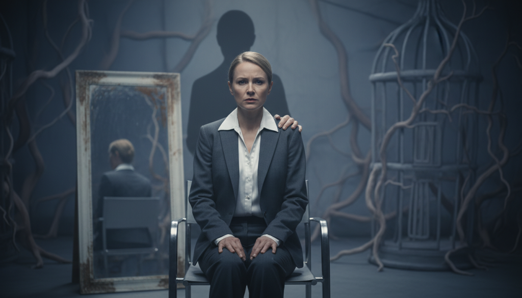 A dimly lit room filled with a tense atmosphere, featuring a focused woman in professional attire, sitting on a sleek modern chair with an expression of uncertainty. In the foreground, a shadowy figure behind her looms, their hand poised delicately on her shoulder, symbolizing emotional manipulation. The middle ground showcases a large, faintly illuminated mirror reflecting the woman's face, capturing a sense of inner conflict. In the background, soft, muted colors give a surreal feel, with hints of twisted forms that evoke feelings of entrapment. Use a narrow depth of field to emphasize the emotions on her face, creating a haunting yet thought-provoking scene that encapsulates the essence of emotional manipulation. Soft, diffuse lighting adds to the overall mood.