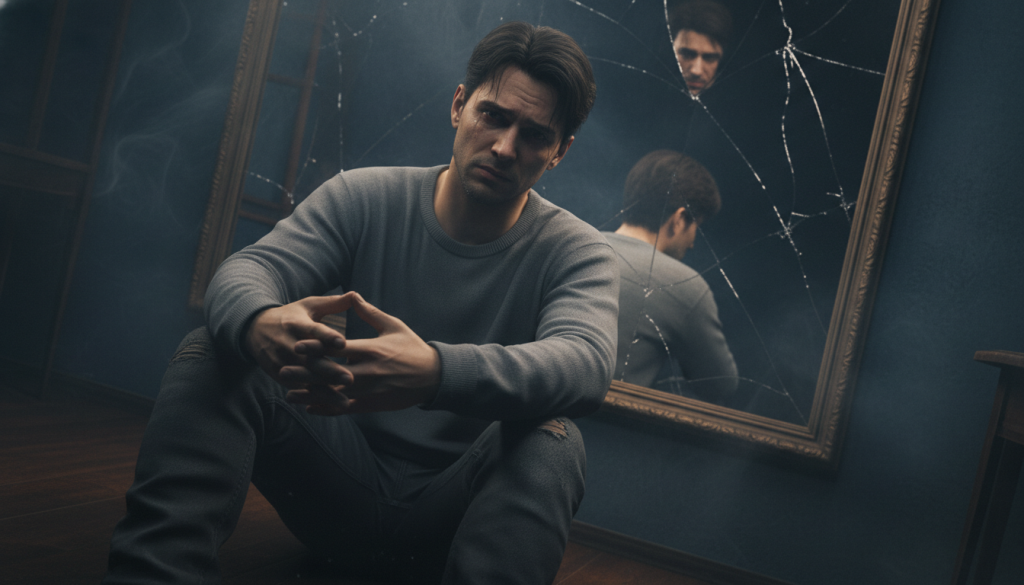 A dimly lit room serves as the backdrop, shrouded in shadows that hint at a sense of deep introspection. In the foreground, a solitary figure reflects on their lost ideals; they are dressed in modest casual clothing, embodying a mix of vulnerability and strength. Their expression is a blend of melancholy and resilience, capturing the trap of idealization and victimhood in love. The middle layer reveals a cracked mirror, symbolizing distorted perceptions of self and others, while ethereal wisps of fog float around, enhancing the atmosphere of confusion. Soft, moody lighting casts gentle highlights, suggesting a flicker of hope amidst the darkness. The angle is slightly tilted, adding a sense of unease, inviting viewers to explore the hidden layers of emotional complexity.
