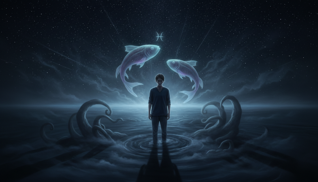 A dimly-lit scene illustrating the duality of love, featuring a figure in modest casual clothing standing amidst shadowy shapes and swirling mist. In the foreground, focus on their thoughtful expression, reflecting the struggle between generosity and hidden motives. The middle ground presents ethereal, abstract representations of fish symbolizing Pisces, gently gliding through darker waters, encapsulating the essence of complexity in relationships. The background features a starry night sky, casting subtle light that creates an enigmatic atmosphere filled with tension. Use a wide-angle lens to capture the overall scene, emphasizing the depth of emotions while maintaining a mysterious and introspective mood. The image should evoke a sense of contemplation and allure, inviting the viewer to explore the complexities beneath the surface of love.