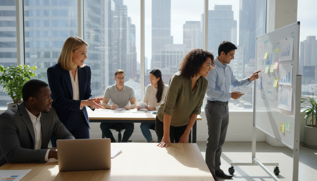 A diverse group of six professionals engaged in teamwork in a modern office environment. In the foreground, a white woman and a Black man are animatedly discussing ideas over a laptop, both dressed in smart business attire. The middle ground shows a Hispanic woman collaborating with a South Asian man, leaning over a colorful project board filled with charts and post-it notes, highlighting creativity and innovation. In the background, large windows reveal a bright city skyline, with natural light pouring in, creating an uplifting atmosphere. Soft shadows enhance the focus on the team members, signifying collaboration and leadership. The mood is dynamic and inspiring, evoking a sense of unity and shared purpose. A diverse group of six professionals engaged in teamwork in a modern office environment. In the foreground, a white woman and a Black man are animatedly discussing ideas over a laptop, both dressed in smart business attire. The middle ground shows a Hispanic woman collaborating with a South Asian man, leaning over a colorful project board filled with charts and post-it notes, highlighting creativity and innovation. In the background, large windows reveal a bright city skyline, with natural light pouring in, creating an uplifting atmosphere. Soft shadows enhance the focus on the team members, signifying collaboration and leadership. The mood is dynamic and inspiring, evoking a sense of unity and shared purpose.