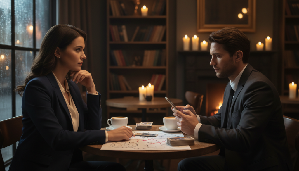 A dramatic scene capturing the essence of betrayal in astrology, featuring a pair of elegantly dressed individuals in a cozy, dimly lit café. In the foreground, one person, with a thoughtful expression, gazes out the window, while the other, slightly turned away with a contemplative look, subtly glances at their phone. Their attire is professional, fitting for a business meeting. In the middle ground, a softly blurred table with two coffee cups and astrological charts, hinting at conversations about loyalty and infidelity. The background reveals a warm, inviting atmosphere, with soft golden lighting casting subtle shadows, evoking a sense of intrigue and tension. The overall mood is reflective and intense, highlighting themes of trust and deception within astrological beliefs. A dramatic scene capturing the essence of betrayal in astrology, featuring a pair of elegantly dressed individuals in a cozy, dimly lit café. In the foreground, one person, with a thoughtful expression, gazes out the window, while the other, slightly turned away with a contemplative look, subtly glances at their phone. Their attire is professional, fitting for a business meeting. In the middle ground, a softly blurred table with two coffee cups and astrological charts, hinting at conversations about loyalty and infidelity. The background reveals a warm, inviting atmosphere, with soft golden lighting casting subtle shadows, evoking a sense of intrigue and tension. The overall mood is reflective and intense, highlighting themes of trust and deception within astrological beliefs.