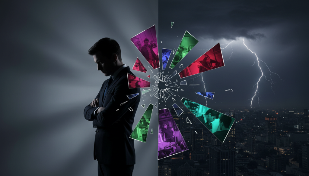 A dramatic scene capturing the essence of "rencor," with a split image effect. In the foreground, a shadowy figure stands with crossed arms, expression deep in thought, dressed in professional attire. Their face shows a mix of anger and contemplation under dim, moody lighting. In the middle layer, a shattered mirror reflects fragments of their past, symbolizing unresolved tensions and memories, each shard showcasing vibrant colors of pain and resentment. In the background, a darkened cityscape under a stormy sky, with lightning illuminating the shadows, enhancing the atmosphere of inner conflict. The overall mood is intense and somber, with a focus on emotional turmoil and the struggle to forgive.