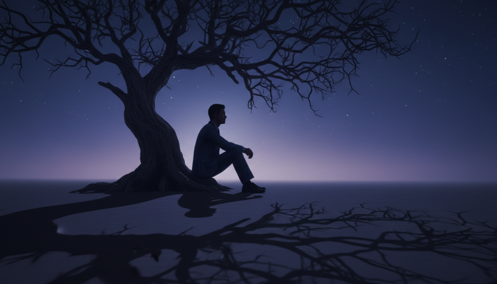 A dramatic scene depicting "the dark side" of love, focused on a silhouette of a person sitting under a gnarled tree in a twilight setting. In the foreground, shadows cast by the twisted branches create intricate patterns on the ground, symbolizing negative energy. The middle features a dimly lit figure, dressed in professional business attire, contemplatively looking towards the horizon. In the background, an ethereal blend of deep blues and purples evoke a sense of melancholy, with faint stars beginning to emerge in a dusk sky. Soft, diffused lighting highlights the figure's expression of longing and transformation. Capture a moody atmosphere, suggesting introspection and the potential for change, focusing on the concept of overcoming darkness in relationships. A dramatic scene depicting "the dark side" of love, focused on a silhouette of a person sitting under a gnarled tree in a twilight setting. In the foreground, shadows cast by the twisted branches create intricate patterns on the ground, symbolizing negative energy. The middle features a dimly lit figure, dressed in professional business attire, contemplatively looking towards the horizon. In the background, an ethereal blend of deep blues and purples evoke a sense of melancholy, with faint stars beginning to emerge in a dusk sky. Soft, diffused lighting highlights the figure's expression of longing and transformation. Capture a moody atmosphere, suggesting introspection and the potential for change, focusing on the concept of overcoming darkness in relationships.