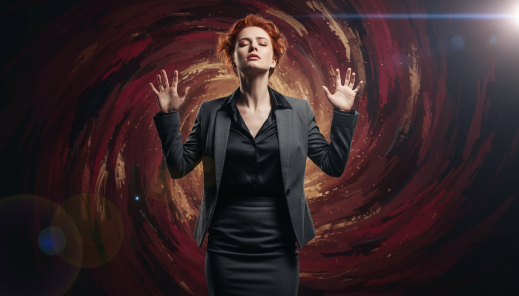 A dramatic scene inspired by the intensity of Aries, featuring a passionate individual with fiery red hair, dressed in professional attire, experiencing deep emotions in a studio setting. In the foreground, the individual stands with an expressive pose, hands raised and eyes closed, conveying a sense of exaggerated feeling. The middle layer includes intense lighting casting dramatic shadows, highlighting the emotional turmoil. In the background, abstract shapes in soft burgundy and gold swirl to symbolize the inner conflict and intensity of feeling. A lens flare adds an ethereal quality to the scene. The atmosphere should feel charged and vibrant, reflecting the theme of emotional exaggeration versus genuine intensity, evoking a sense of both drama and authenticity. A dramatic scene inspired by the intensity of Aries, featuring a passionate individual with fiery red hair, dressed in professional attire, experiencing deep emotions in a studio setting. In the foreground, the individual stands with an expressive pose, hands raised and eyes closed, conveying a sense of exaggerated feeling. The middle layer includes intense lighting casting dramatic shadows, highlighting the emotional turmoil. In the background, abstract shapes in soft burgundy and gold swirl to symbolize the inner conflict and intensity of feeling. A lens flare adds an ethereal quality to the scene. The atmosphere should feel charged and vibrant, reflecting the theme of emotional exaggeration versus genuine intensity, evoking a sense of both drama and authenticity.